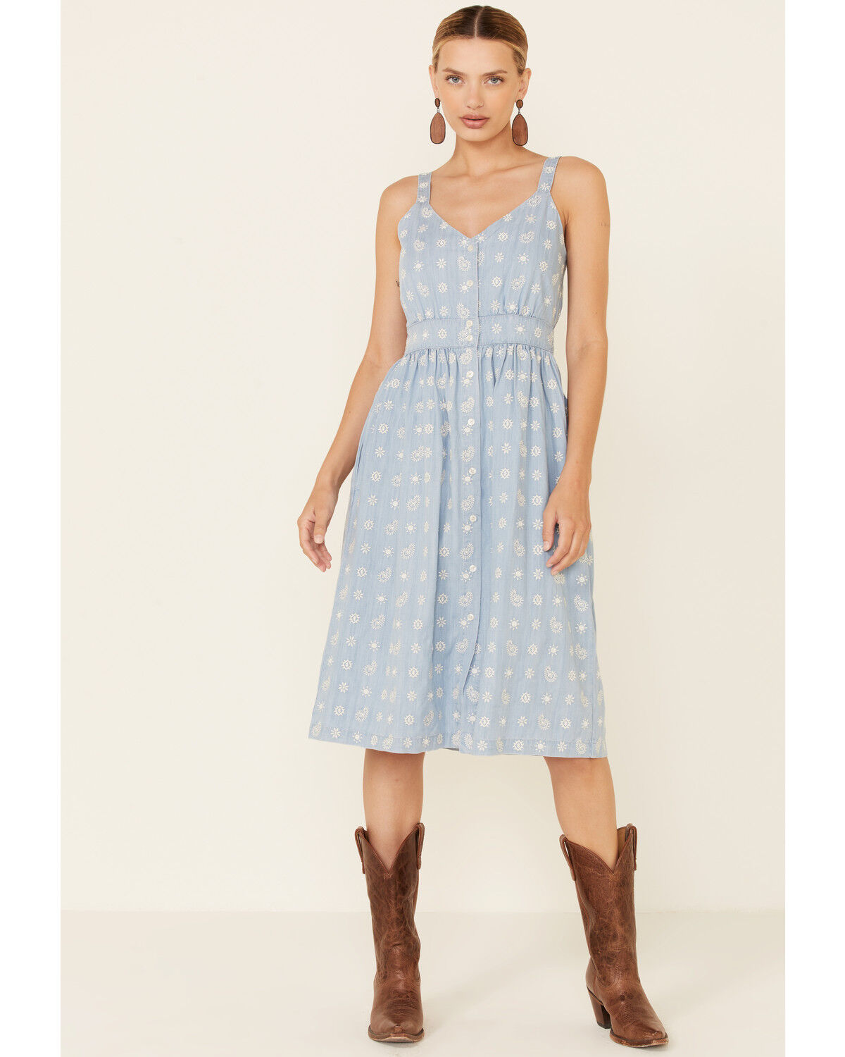 Image #1 - Stetson Women's Embroidered Button Front Midi Dress, Blue, hi-res
