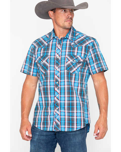 Rock & Roll Denim Men's Crinkle Plaid Print Snap Short Sleeve Western Shirt , Blue, hi-res