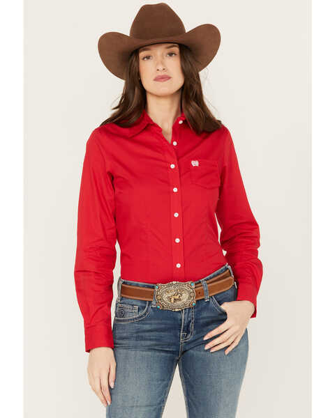 Image #1 - Cinch Women's Solid Red Button-Down Western Shirt, Red, hi-res