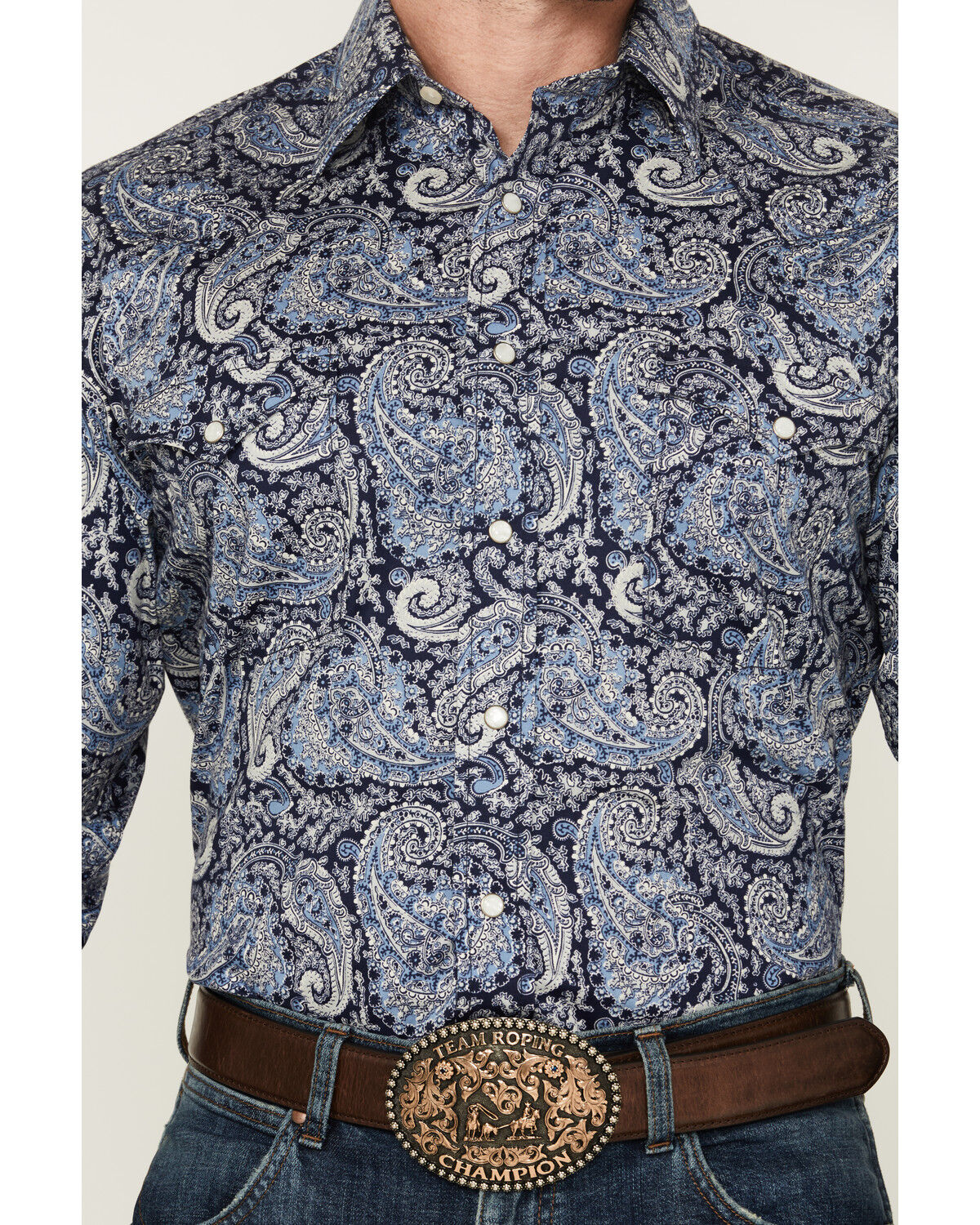 Image #3 - Rough Stock by Panhandle Men's Paisley Print Long Sleeve Pearl Snap Stretch Western Shirt, Navy, hi-res