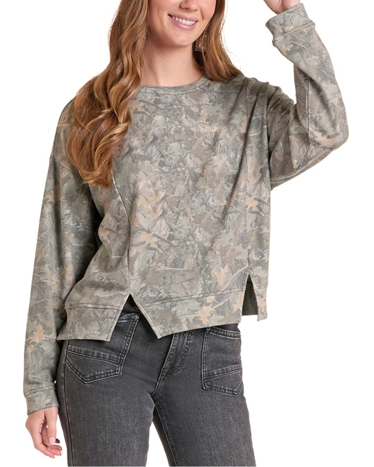 Rock & Roll Denim Women's Camo Print Long Sleeve Crew Neck Sweatshirt, Green, hi-res
