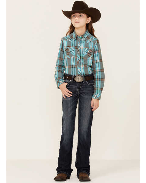 Image #4 - Roper Girls' Plaid Print Long Sleeve Western Shirt, Blue, hi-res