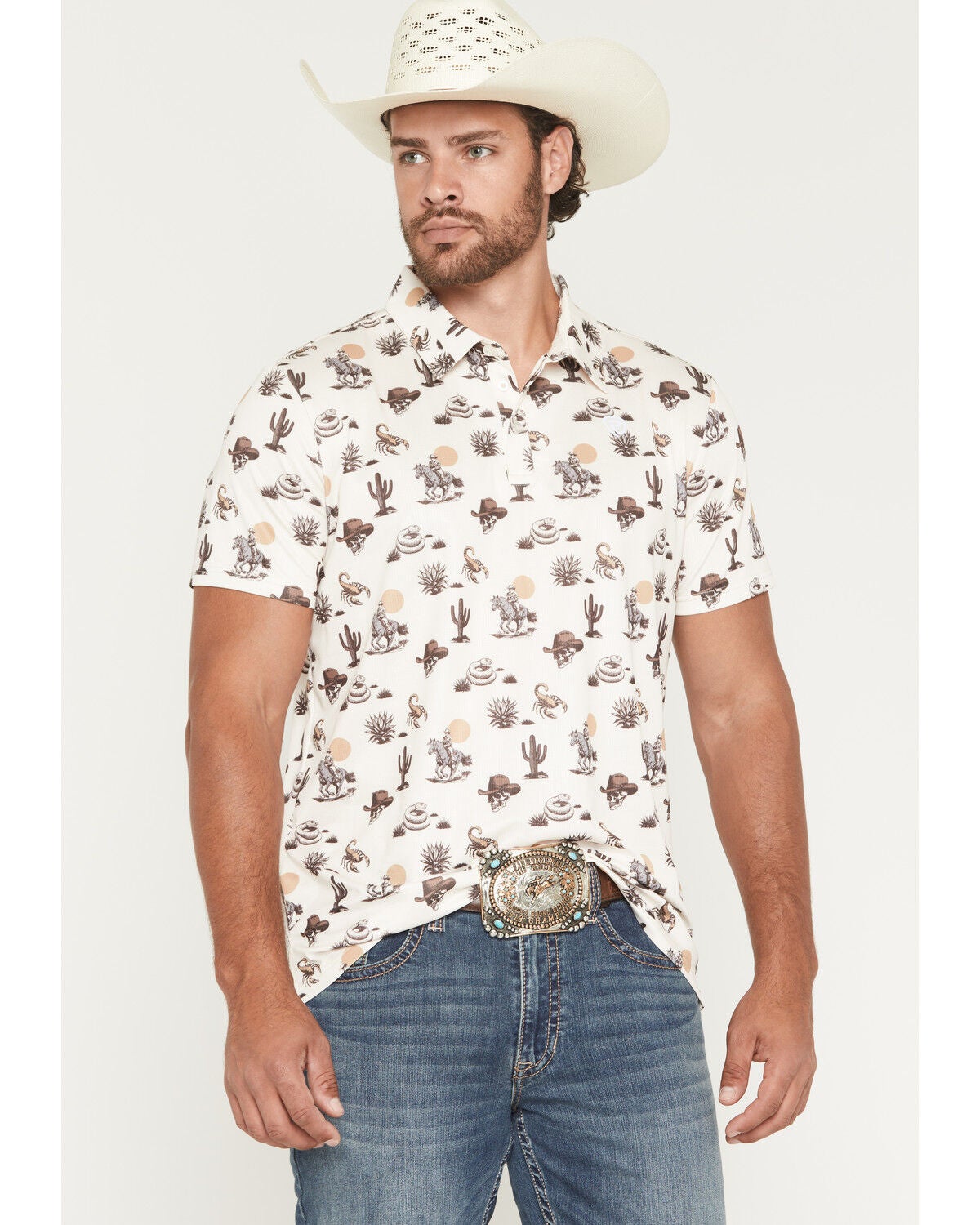 Rock & Roll Denim Men's Conversational Print Short Sleeve Stretch Polo, Natural, hi-res