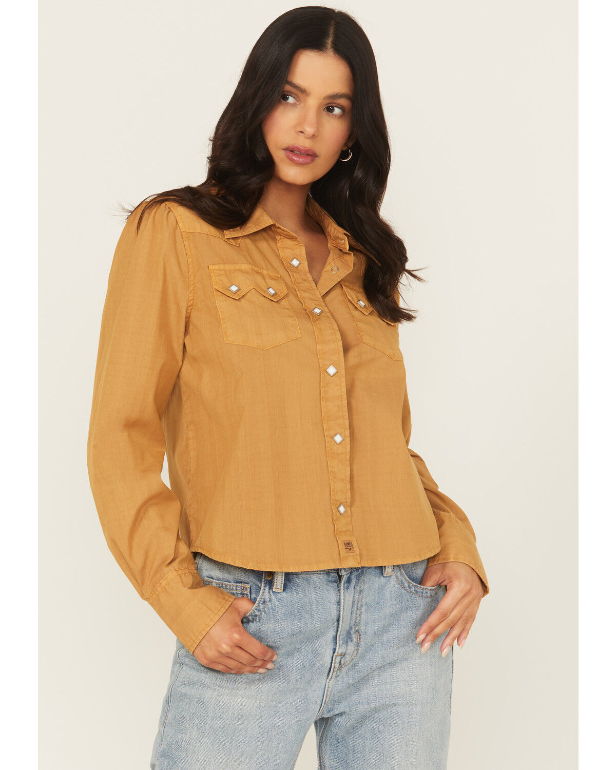 Image #1 - Kimes Ranch Women's Annie Long Sleeve Snap Cropped Western Shirt, Mustard, hi-res
