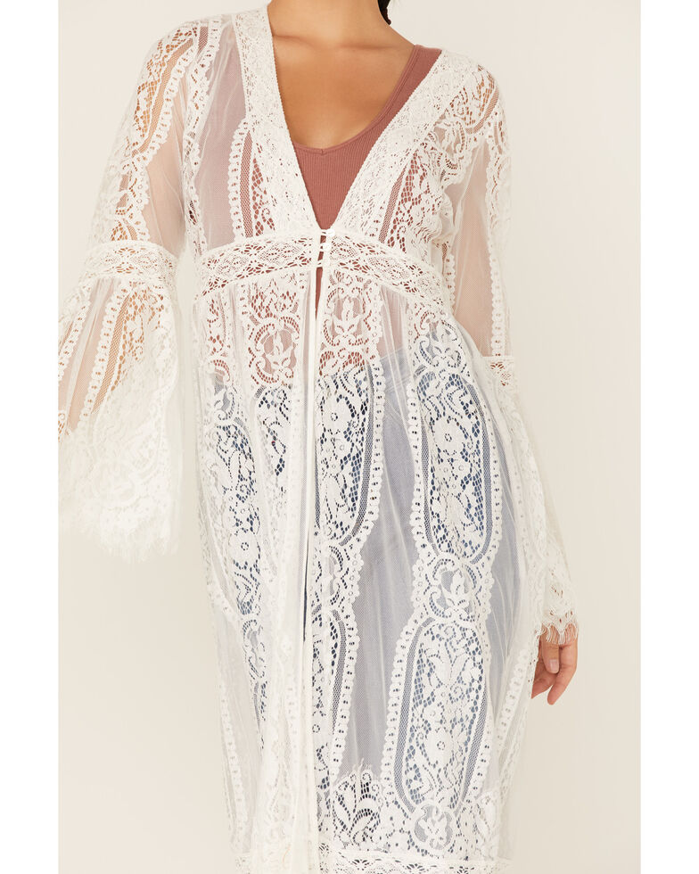 Miss Me Women's Lace Bell Sleeve Duster Kimono, White, hi-res