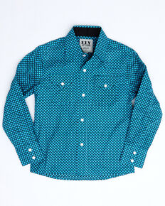 Ely Walker Boys' Turquoise Mini Geo Print Long Sleeve Western Shirt , Turquoise, hi-res