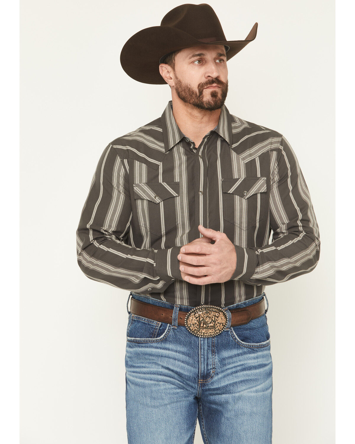 Image #1 - Cody James Men's Harpeth Striped Long Sleeve Snap Western Shirt, Charcoal, hi-res