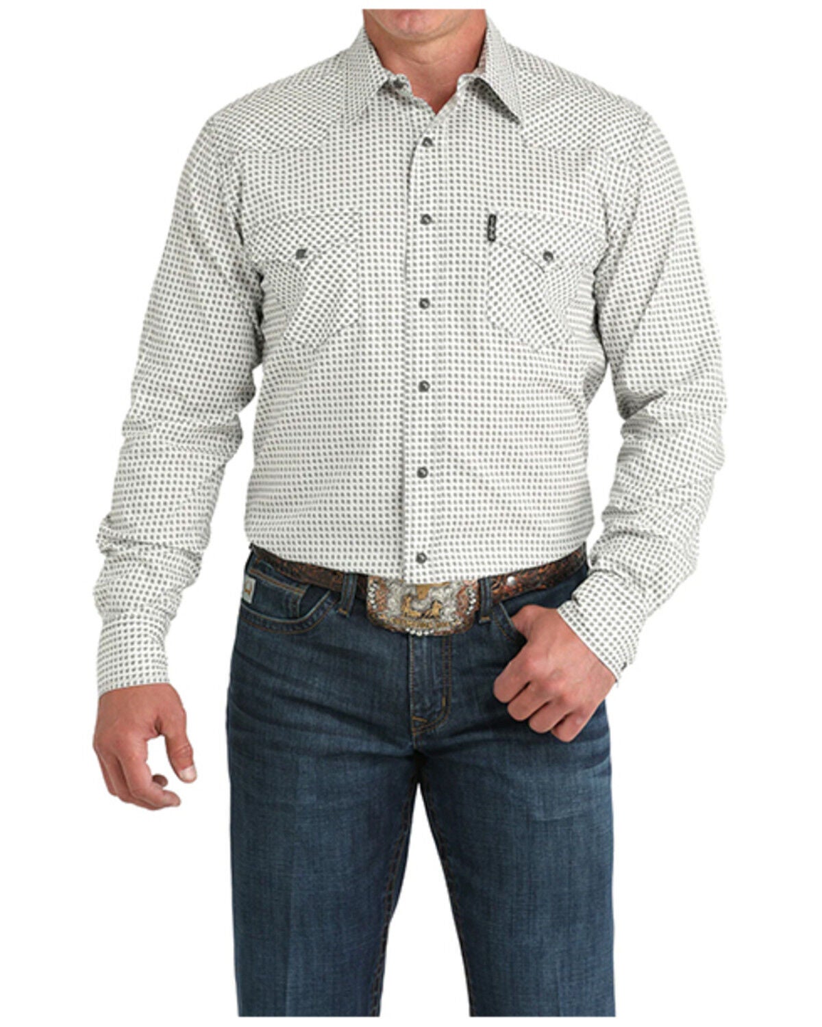 Image #1 - Cinch Men's Modern Fit Geo Print Long Sleeve Snap Western Shirt, Cream, hi-res