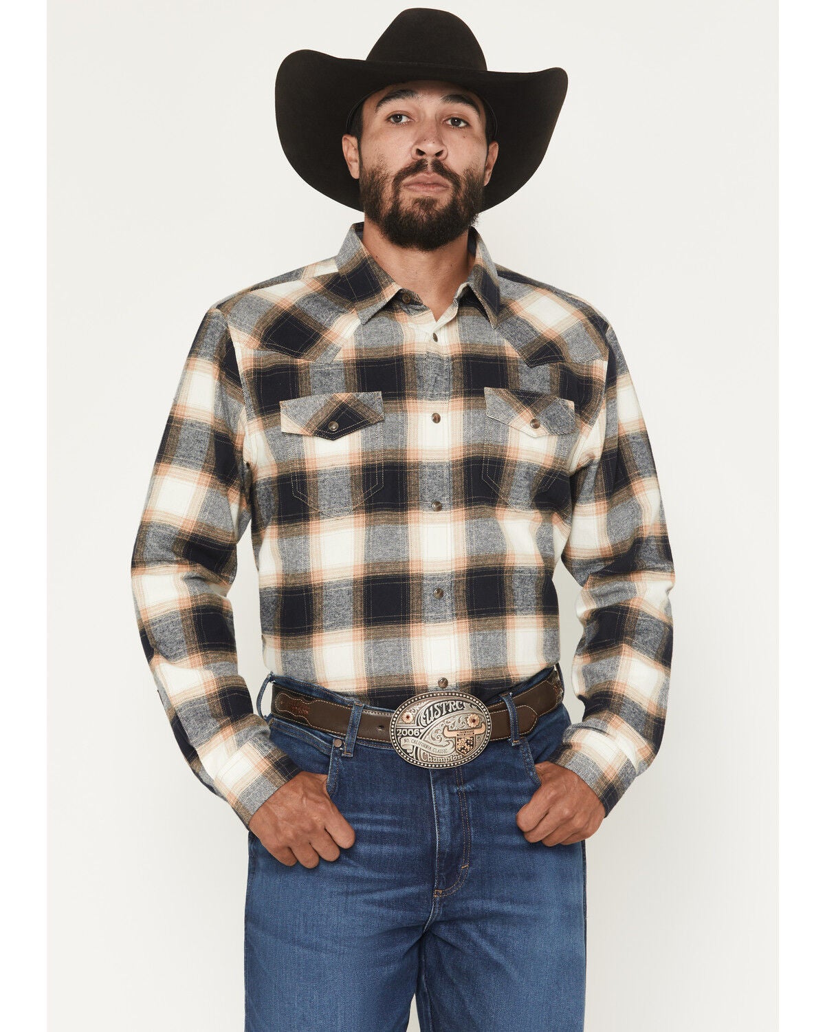 Cody James Men's Bull Rider Plaid Print Long Sleeve Snap Flannel Shirt, Tan, hi-res