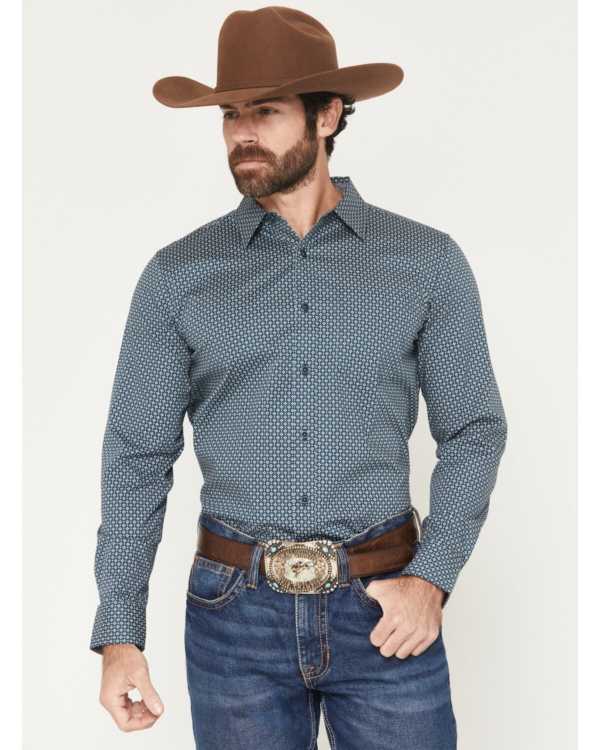 Image #1 - Cody James Men's Bourbon Geo Print Long Sleeve Button-Down Stretch Western Shirt, Navy, hi-res