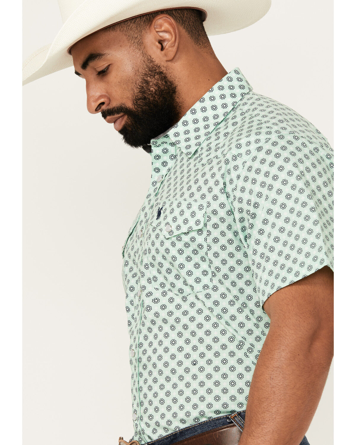 Image #2 - Rodeo Clothing Men's Boot Barn Exclusive Geo Print Short Sleeve Snap Western Shirt, Sage, hi-res