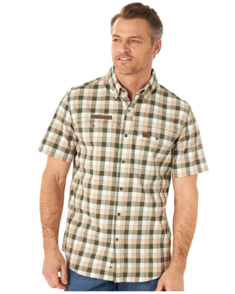 Wrangler Riggs Men's Olive Small Plaid Vented Short Sleeve Button-Down Work Shirt - Tall, Olive, hi-res