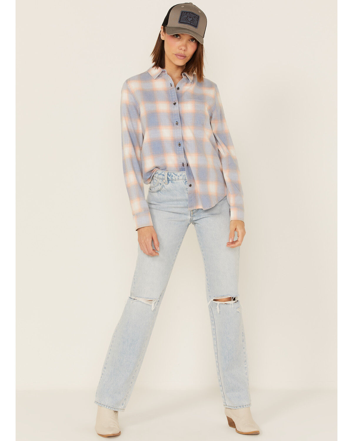 Image #2 - Flag & Anthem Women's Long Sleeve Plaid Pocket Button Shirt, Light Blue, hi-res