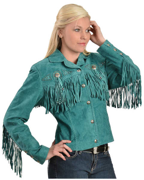 Image #2 - Scully Fringe & Beaded Boar Suede Leather Jacket, Turquoise, hi-res