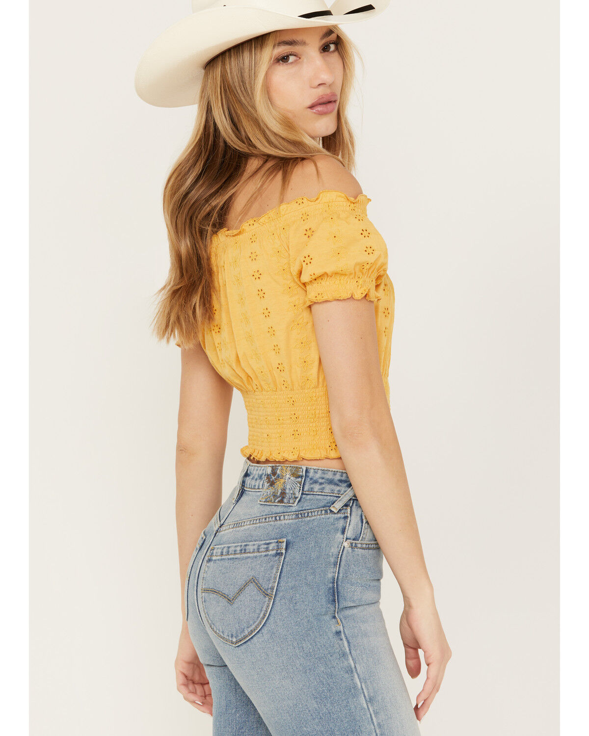 Image #2 - Cleo + Wolf Women's Knit Eyelet Smocked Crop Top, Light Yellow, hi-res
