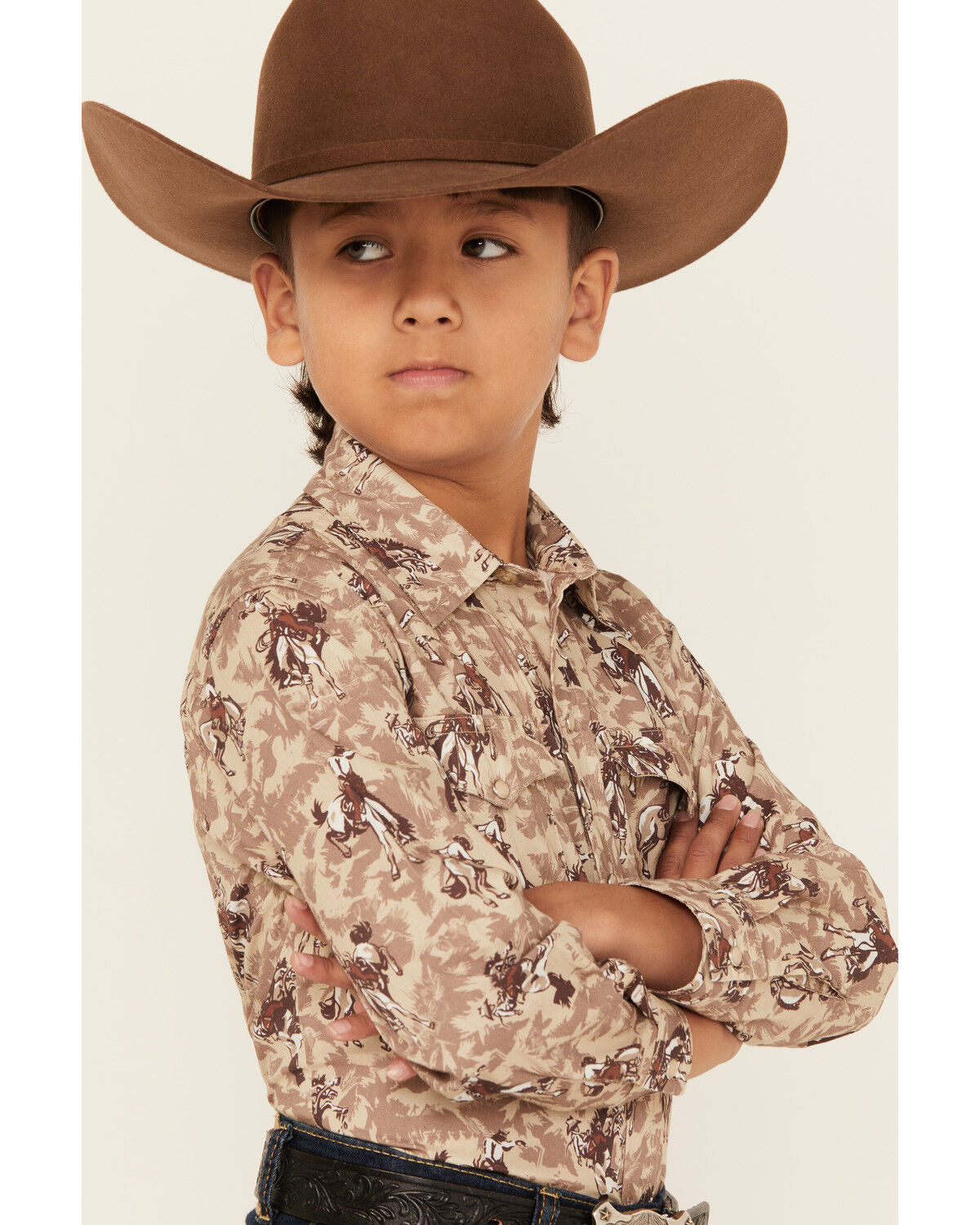 Image #2 - Roper Boys' Bucking Horse Print Long Sleeve Snap Western Shirt, Brown, hi-res