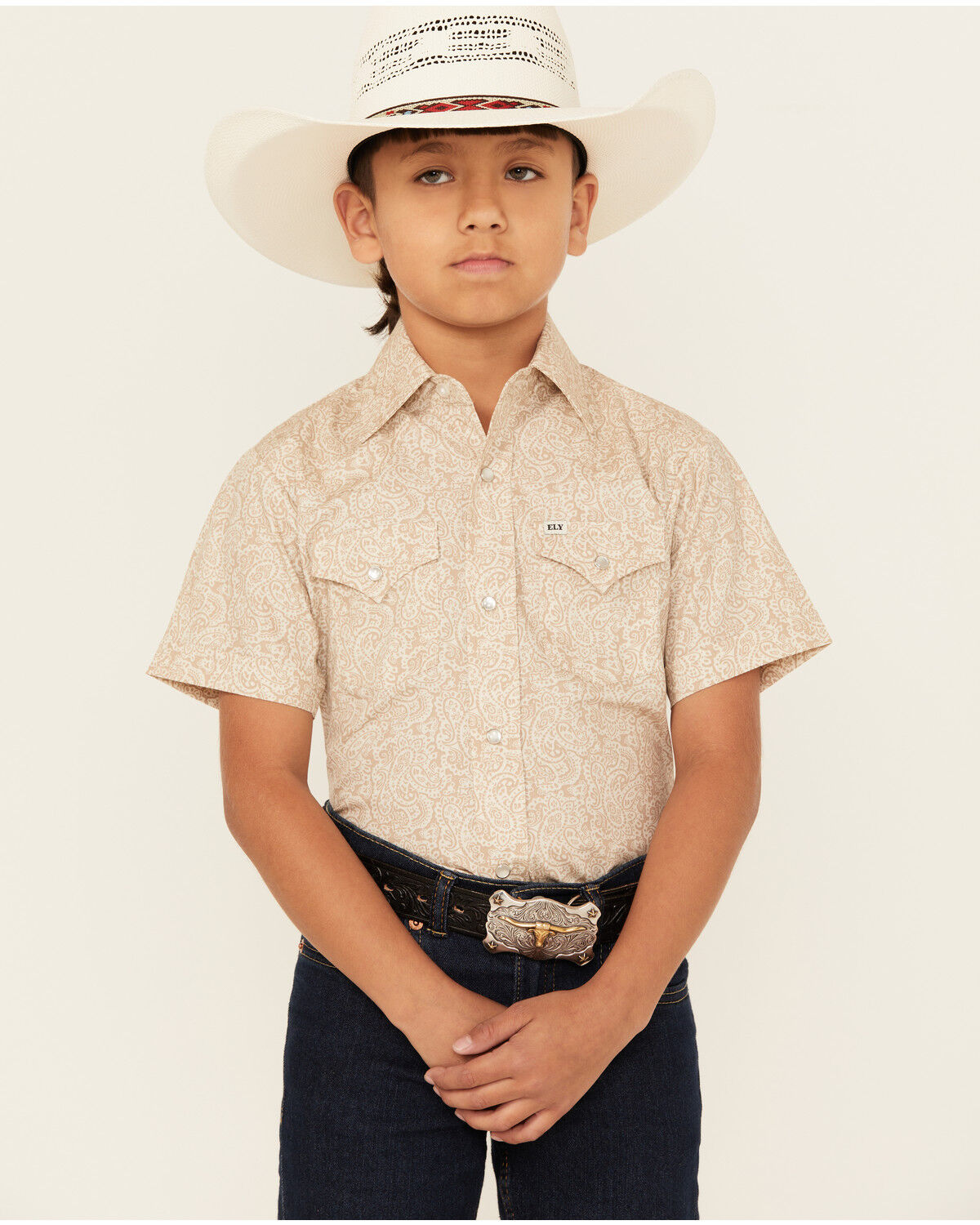 Image #1 - Ely Walker Boys' Paisley Print Short Sleeve Pearl Snap Western Shirt, Khaki, hi-res