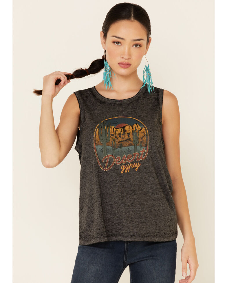 Cut & Paste Women's Desert Gypsy Braided Armhole Graphic Tank, Charcoal, hi-res