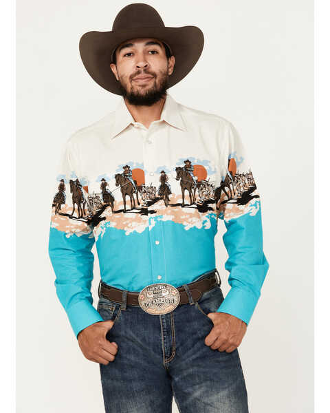 Panhandle Men's Cowboy Border Long Sleeve Pearl Snap Western Shirt, Turquoise, hi-res