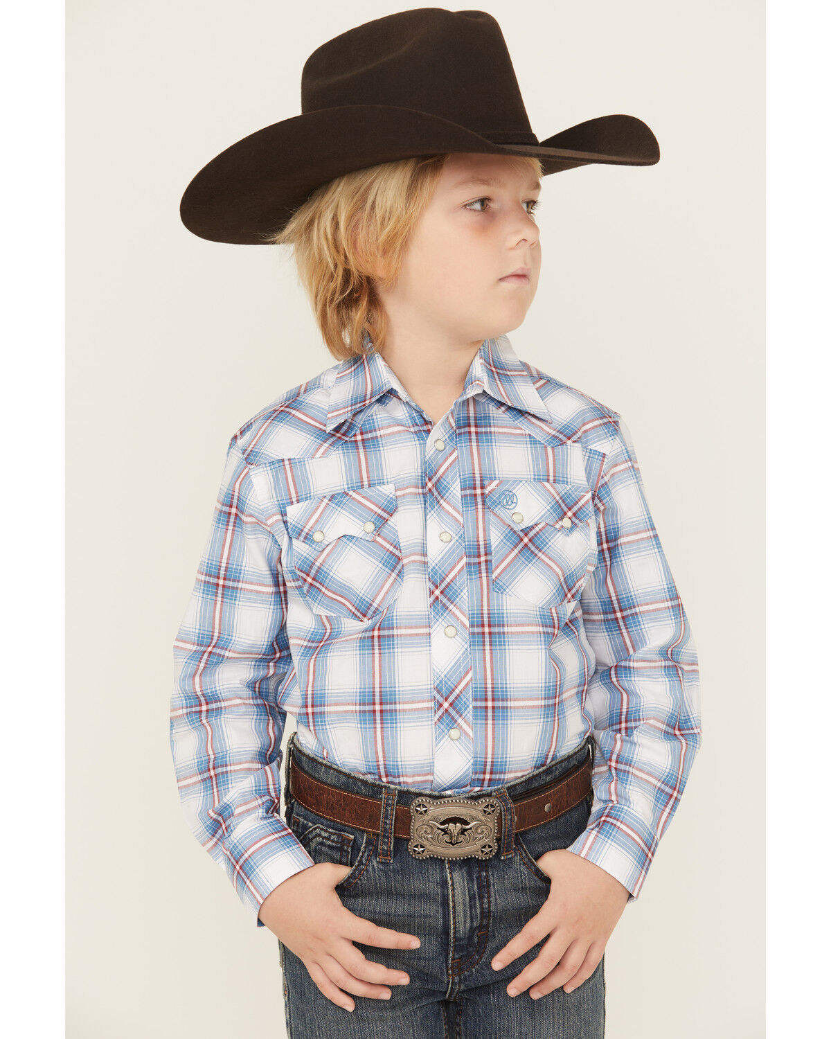 Image #1 - Wrangler Retro Boys' Plaid Print Long Sleeve Snap Western Shirt, Blue, hi-res