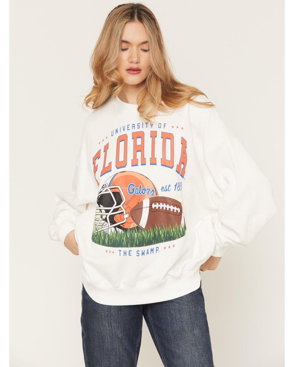 Image #1 - Gameday Women's Florida Gators Helmet Embroidered Graphic Crewneck, White, hi-res