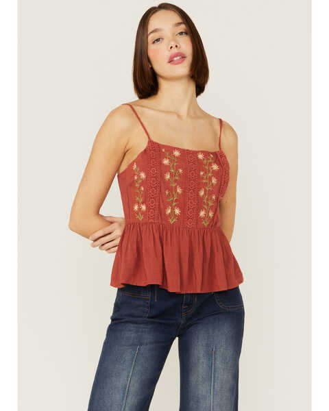 Patrons of Peace Women's Margo Embroidered Spaghetti Strap Tank, Rust Copper, hi-res
