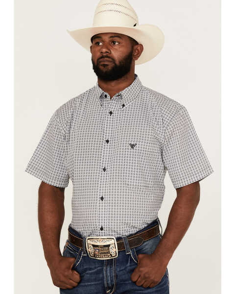 Image #1 - Cowboy Hardware Men's Twisted Adobe Geo Print Button Down Western Shirt , White, hi-res