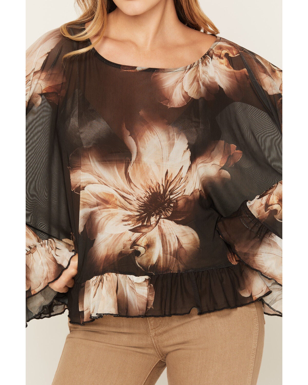 Image #3 - Wild Moss Women's Floral Mesh Poncho Top, Black, hi-res