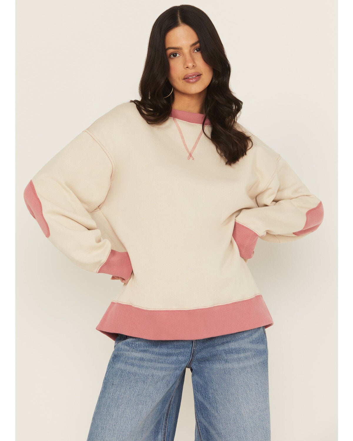 Cleo + Wolf Women's Colorblock Fleece Sweatshirt, Sand, hi-res