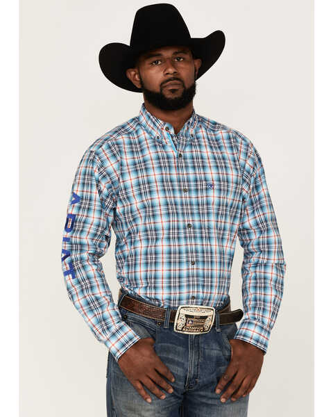 Image #1 - Ariat Men's Logo Patten Plaid Long Sleeve Button Down Western Shirt , Blue, hi-res
