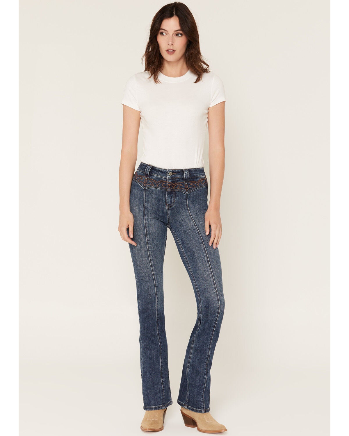 Idyllwind Women's Legend High Rise Eastview Bootstitch Yoke Flare Stretch Denim Jeans, Medium Dark Wash, hi-res