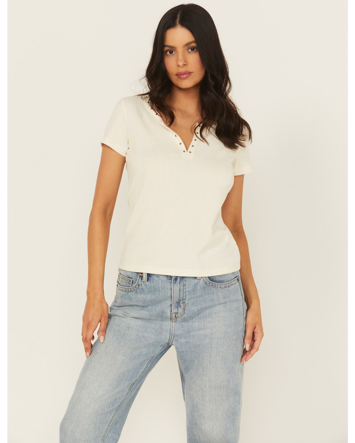 Image #1 - Shyanne Women's Studded Rib Knit V-Neck Top, Cream, hi-res