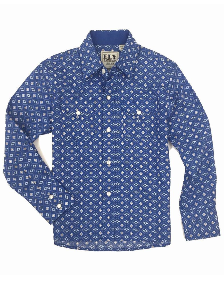 Ely Walker Boys' Multi Southwestern Print Long Sleeve Western Shirt , Blue, hi-res