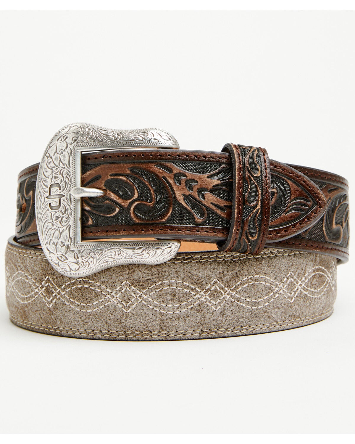 Stetson Men's Tooled Leather Belt, Taupe, hi-res