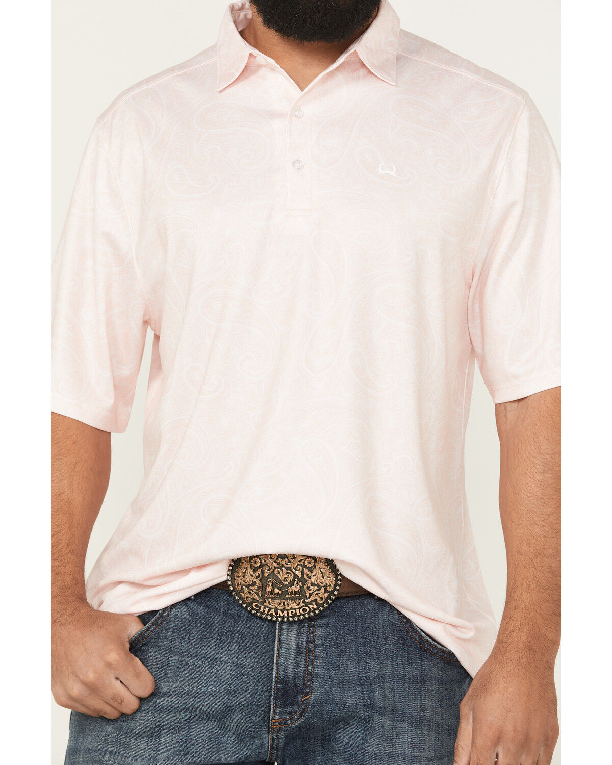 Image #3 - Cinch Men's Paisley Print Short Sleeve Button-Down Polo, Pink, hi-res