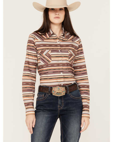 Rough Stock by Panhandle Women's Southwestern Striped Long Sleeve Western Pearl Snap Shirt, Brown, hi-res
