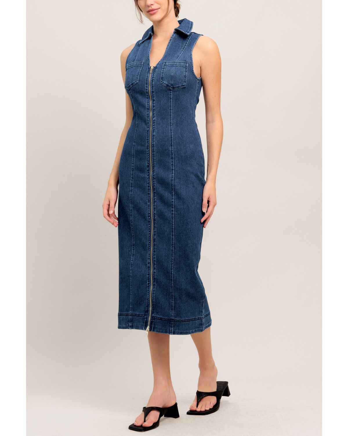 Flying Tomato Women's Everyday Edge Denim Midi Dress, Medium Wash, hi-res