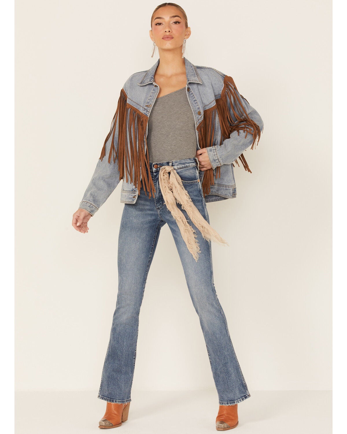 jean jacket with leather fringe