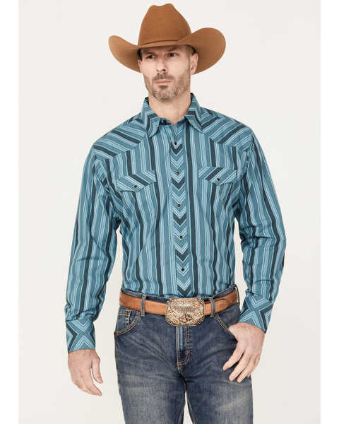 Wrangler Men's Striped Long Sleeve Snap Western Shirt, Teal, hi-res