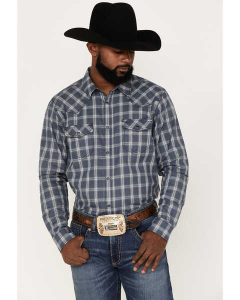 Image #1 - Cody James Men's Lingo Plaid Print Long Sleeve Snap Western Shirt, Navy, hi-res