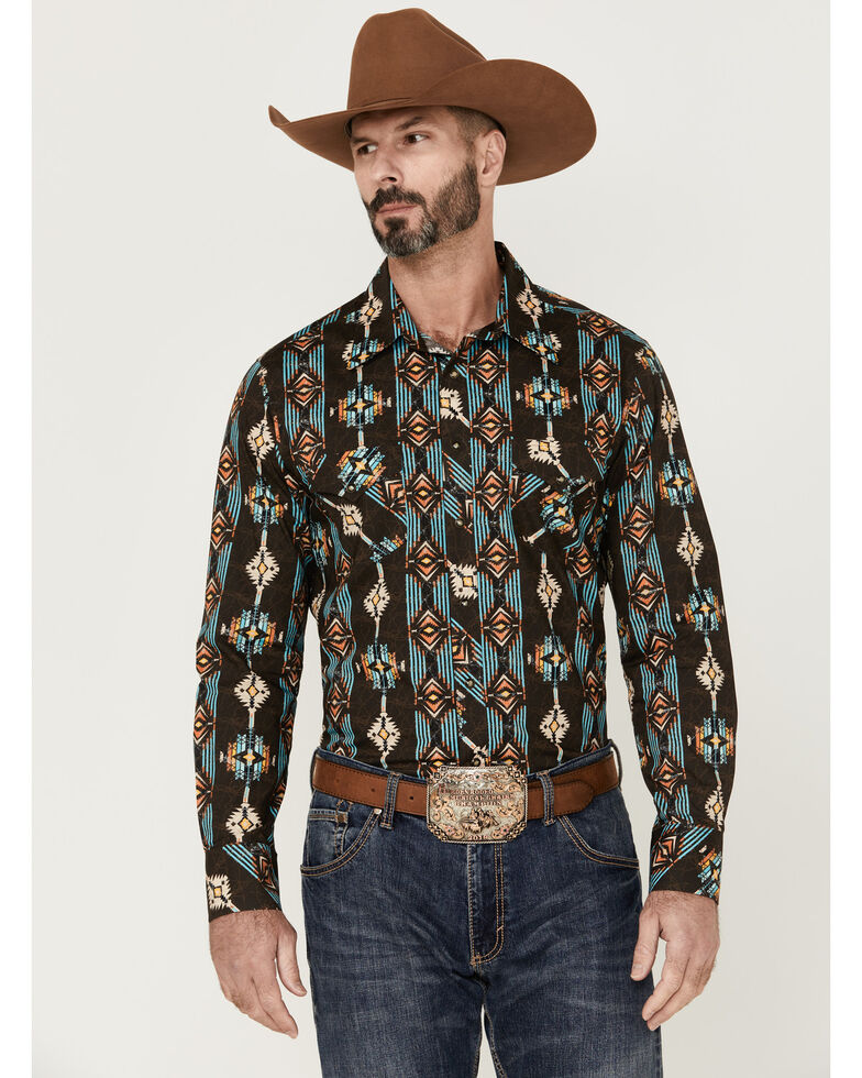 Rock & Roll Denim Men's Brown Vertical Southwestern Print Long Sleeve Snap Western Shirt , Brown, hi-res