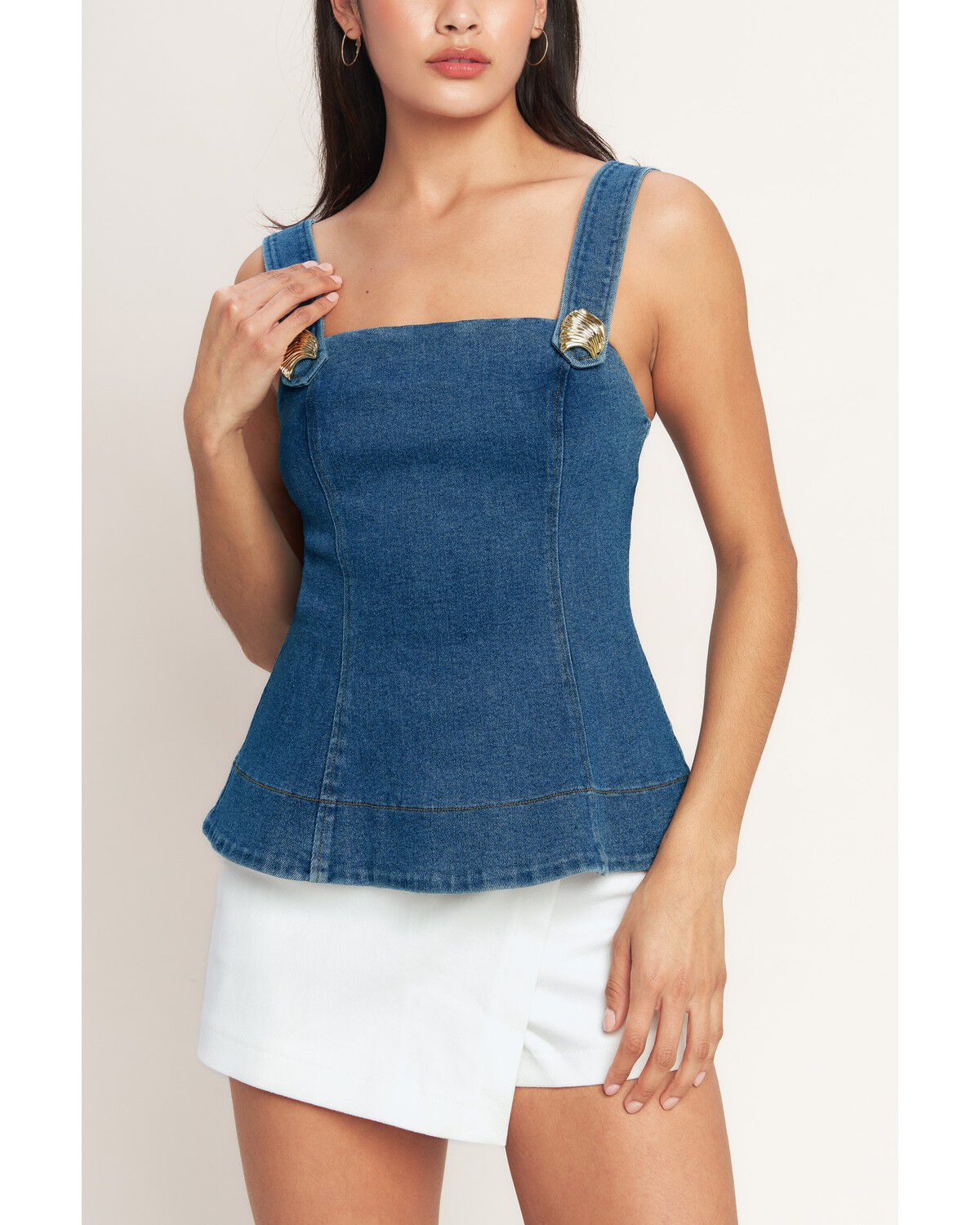 Flying Tomato Women's Sweet Denim Peplum Top, Medium Wash, hi-res