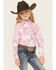 Image #1 - Cowgirl Hardware Girls' Bandana Print Long Sleeve Pearl Snap Stretch Western Shirt, Pink, hi-res
