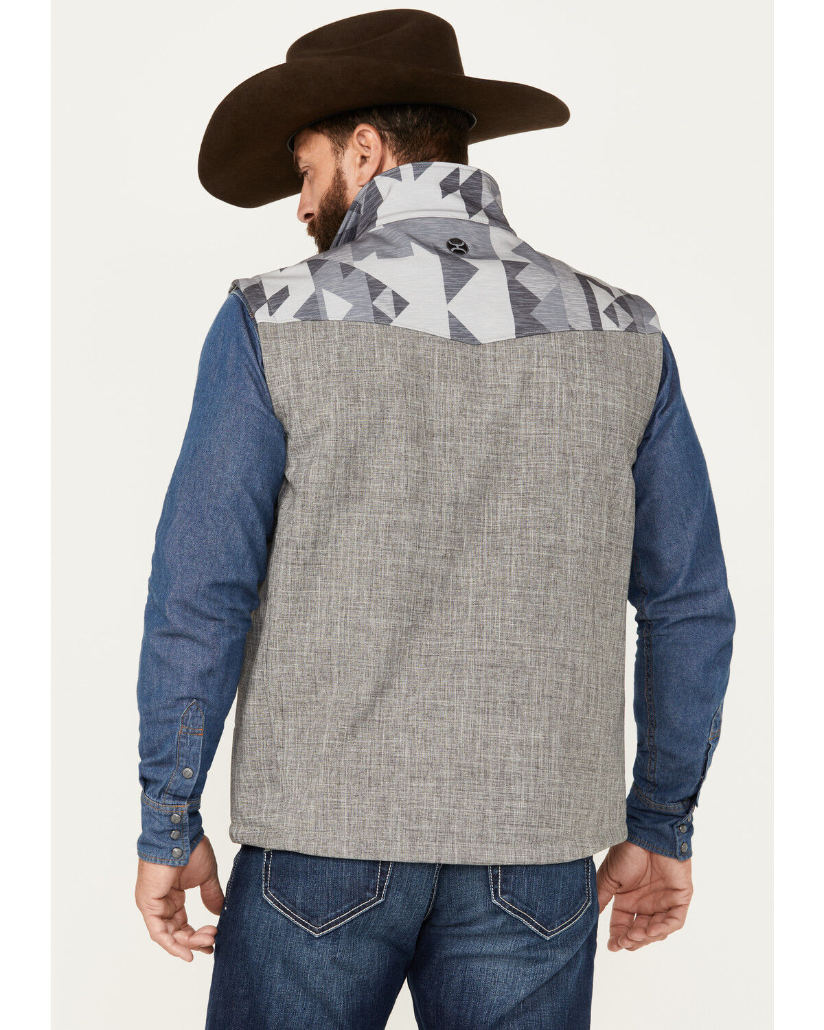 Image #4 - Hooey Men's Southwestern Print Softshell Vest, Grey, hi-res