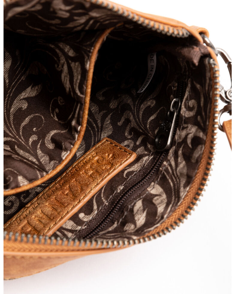 Shyanne Women's Tooled Leather Fringe Wristlet, Brown, hi-res