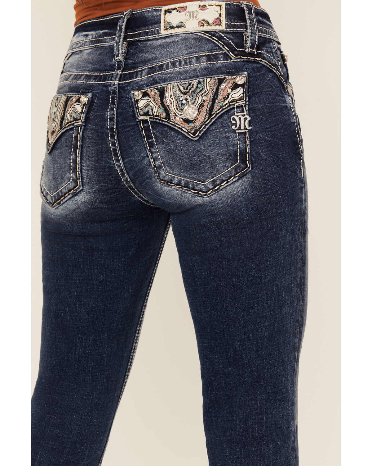 Image #2 - Miss Me Women's Dark Wash Mid Rise Agate Pocket Bootcut Stretch Denim Jeans, Dark Wash, hi-res