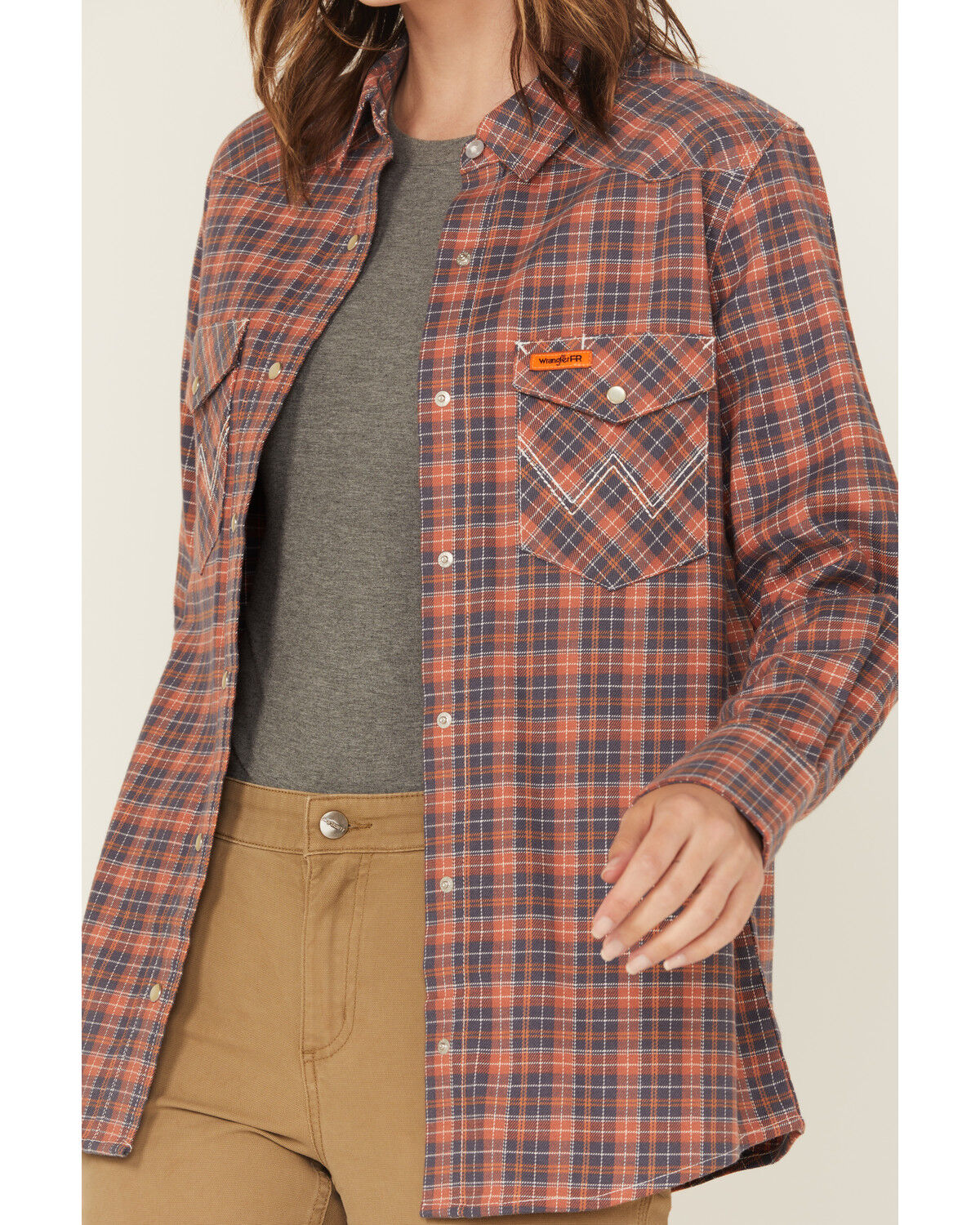 Image #3 - Wrangler Women's FR Plaid Print Long Sleeve Snap Work Shirt - Plus, Red, hi-res