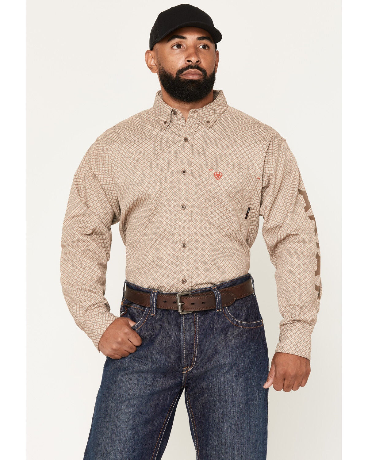 Ariat Men's FR Ty Logo Geo Print Long Sleeve Button-Down Work Shirt, Brown, hi-res