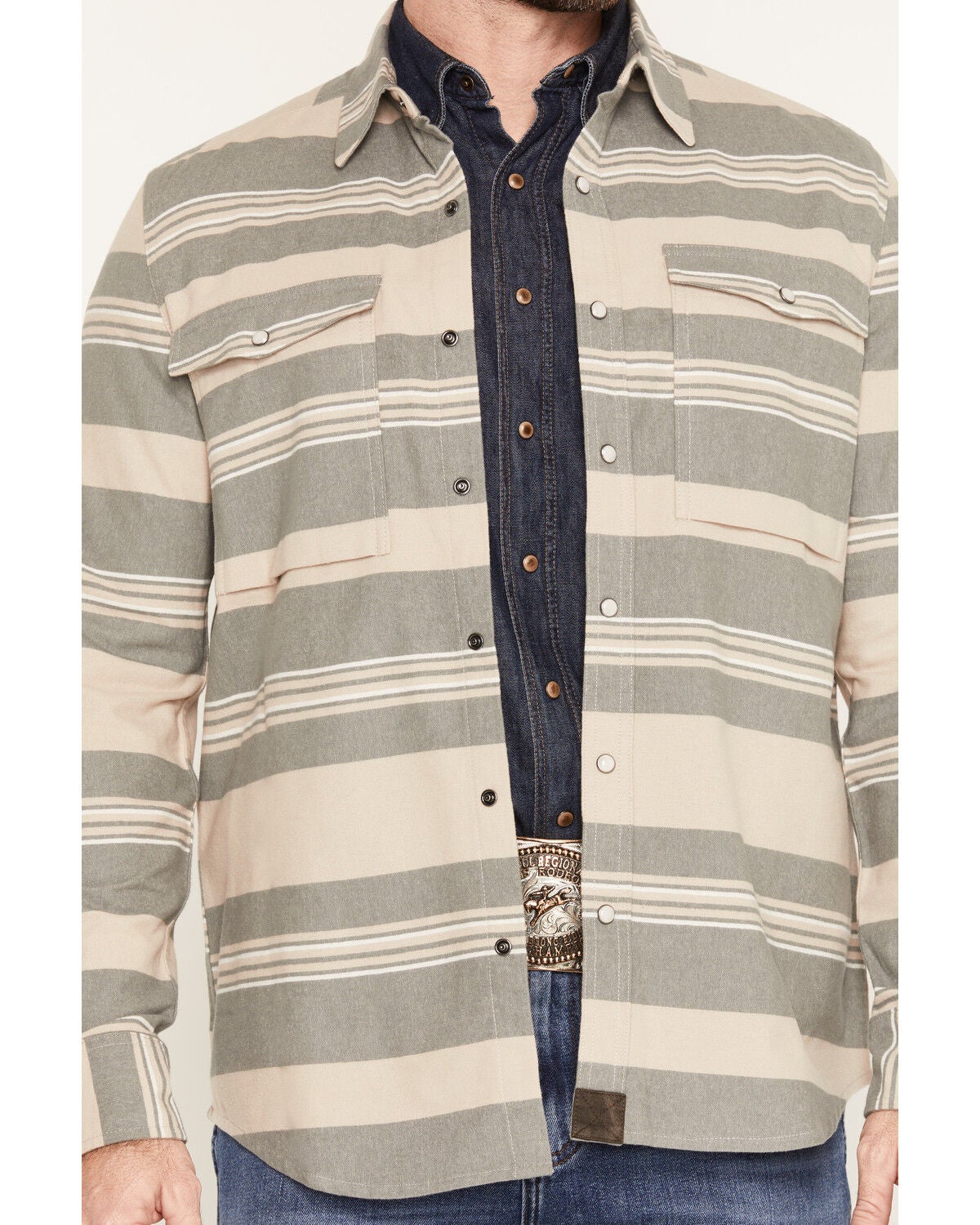 Image #3 - Dakota Grizzly Men's Boot Barn Exclusive Shane Striped Long Sleeve Snap Flannel Shirt, Grey, hi-res