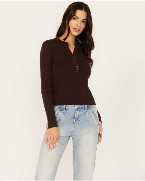 Cleo + Wolf Women's Ribbed Henley Sweater , Chocolate, hi-res